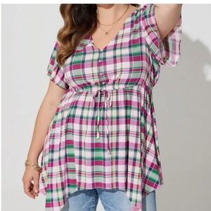 Torrid Lenny Sharkbite Babydoll Flutter Sleeve Top Bella Plaid Pink Green 1X NEW